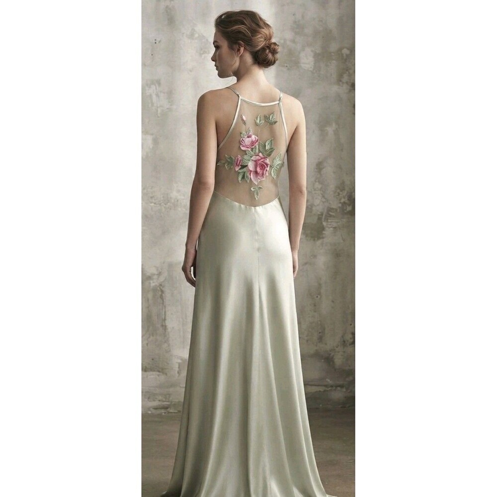 Vintage NWT Scott MClintox Maxi Satin Dress Gown Green Floral Mesh Back Size 12